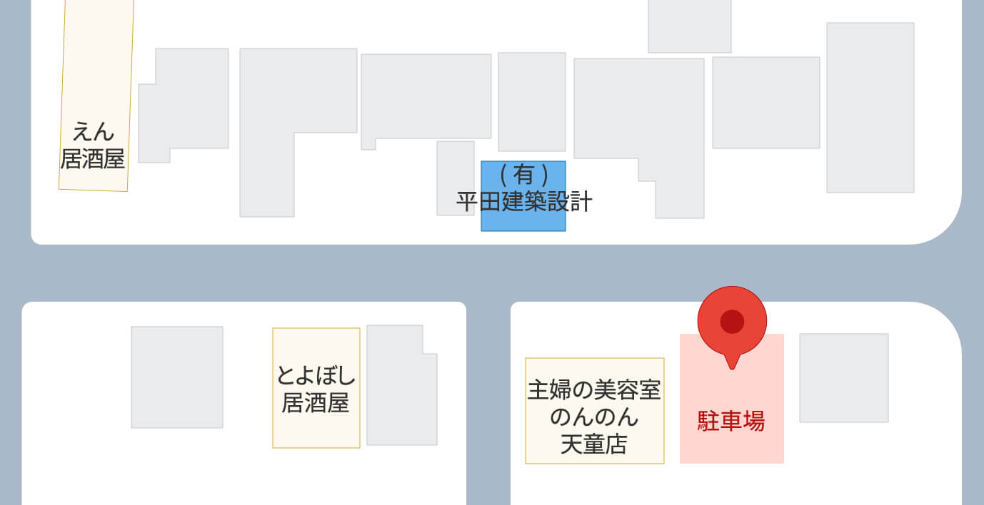 弊社にお越しの際は「主婦の美容室のんのん」隣にある専用駐車場をご利用下さい。